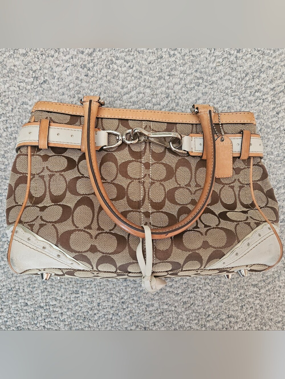 Vintage Coach Canvas White And Tan Logo Bucket Style Purse